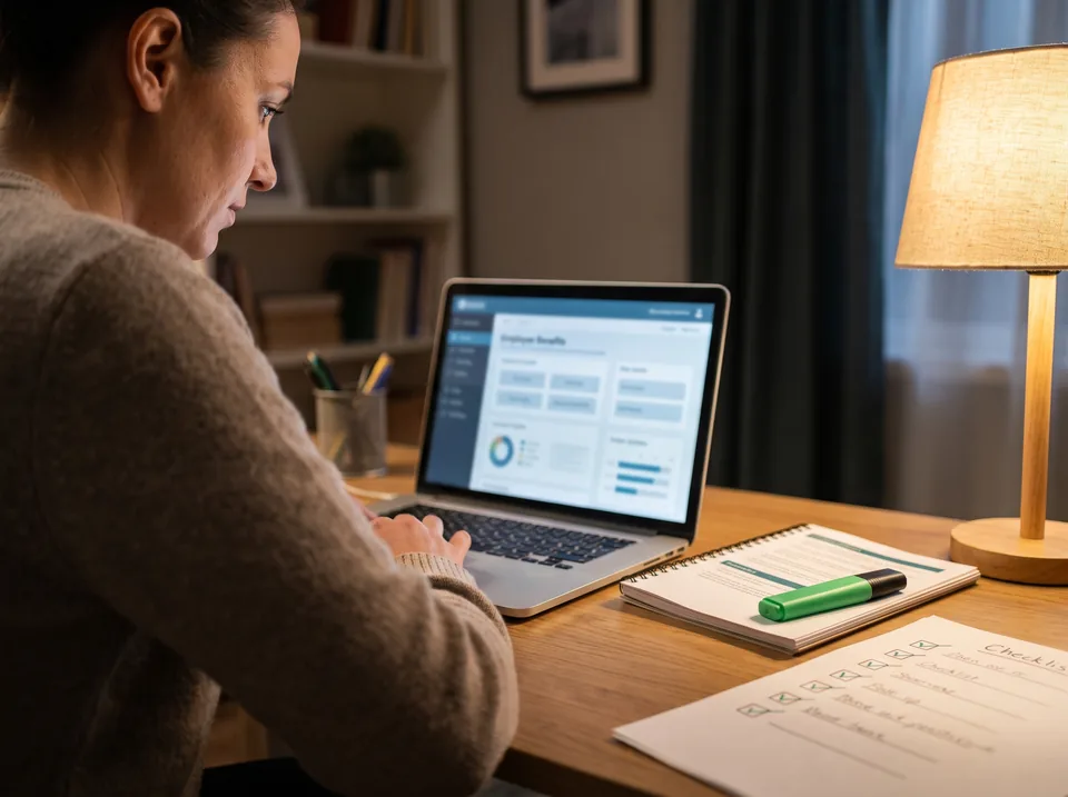 Employee comparing an employer benefits enrollment page with a retail identity protection plan on a laptop