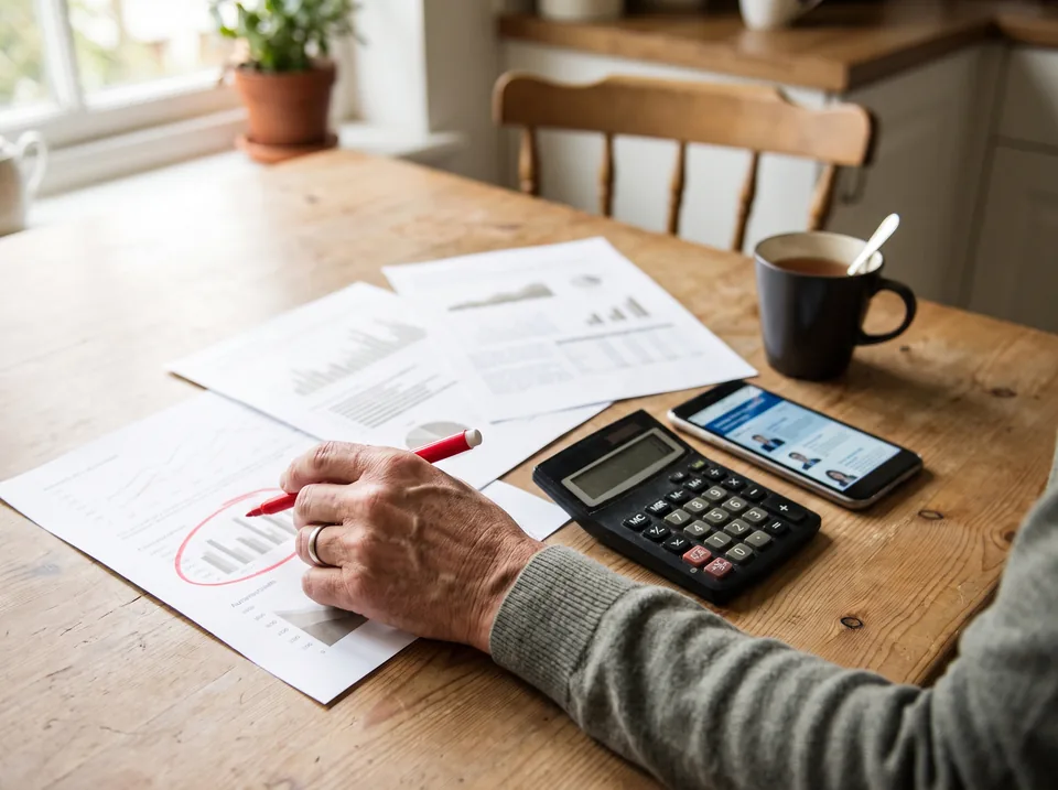 Adult comparing printed price sheets from several privacy services at a kitchen table