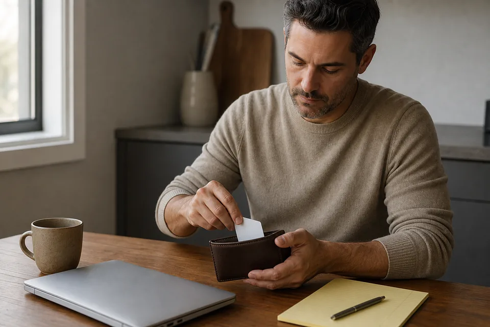 Adult at a kitchen table sliding a plain membership card back into a wallet beside a closed laptop and a notepad