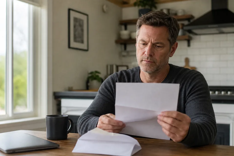 Adult reading a data breach notice letter at a kitchen table next to a closed laptop