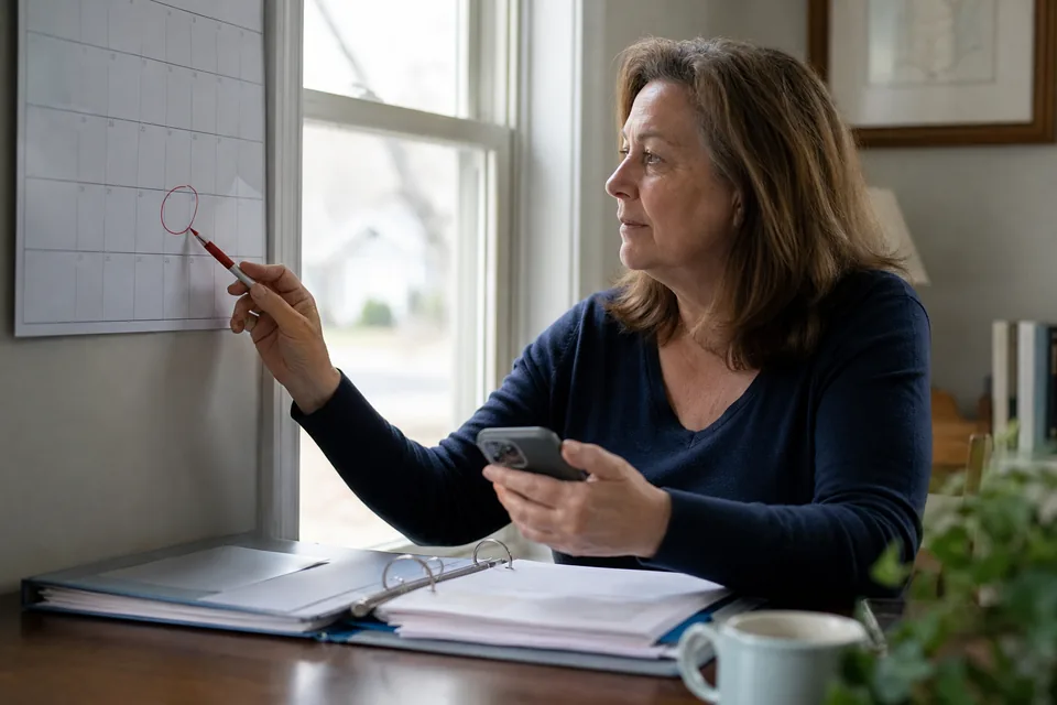 Woman checking a circled date on a wall calendar while holding her phone at a home desk