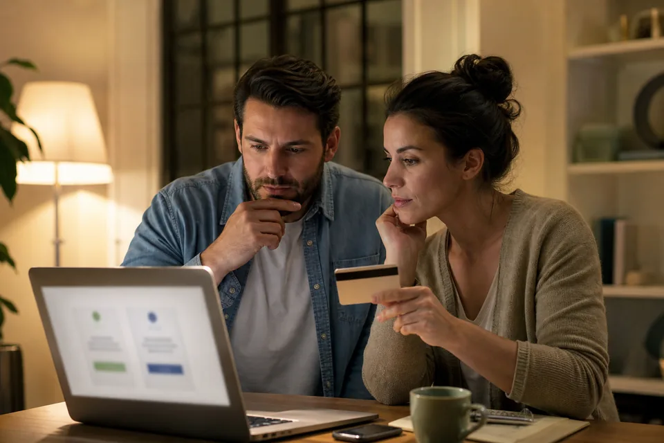 Couple at a home desk comparing two privacy subscription plans on a laptop